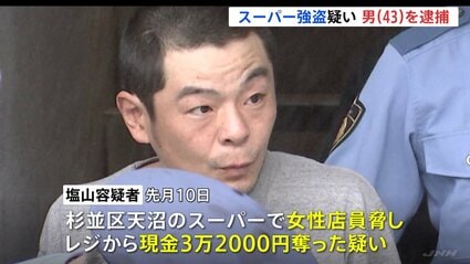【東京】杉並区のスーパーで強盗した疑いで男（43）を逮捕　おととい同一店舗で強盗被害、関連捜査